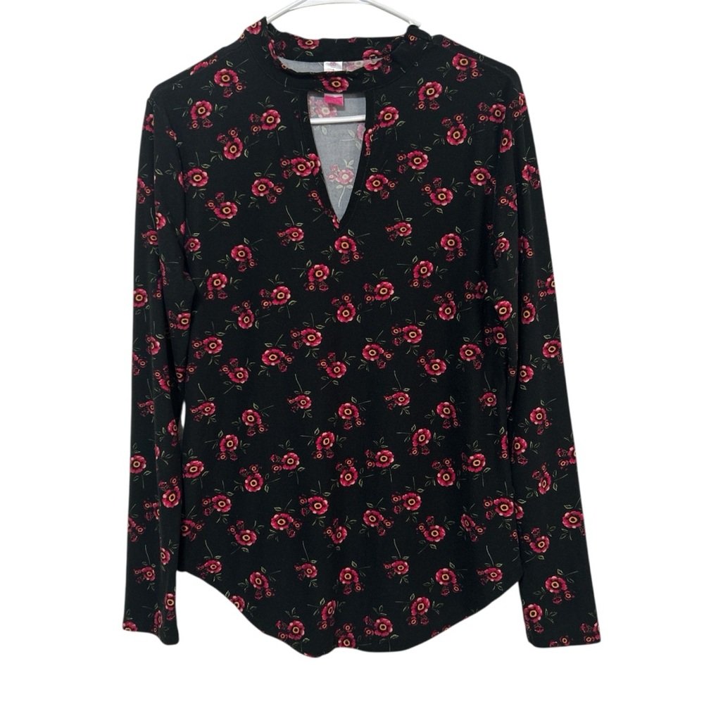 Y2K No Boundaries Black Pink Floral Mock Neck Keyhole Long Sleeve Top Size Large